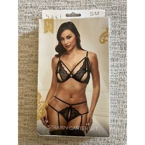 NWT Baci Strappy Bra and Garter Set 2 Piece Black Sexy Honeymoon Romantic Sz S/M